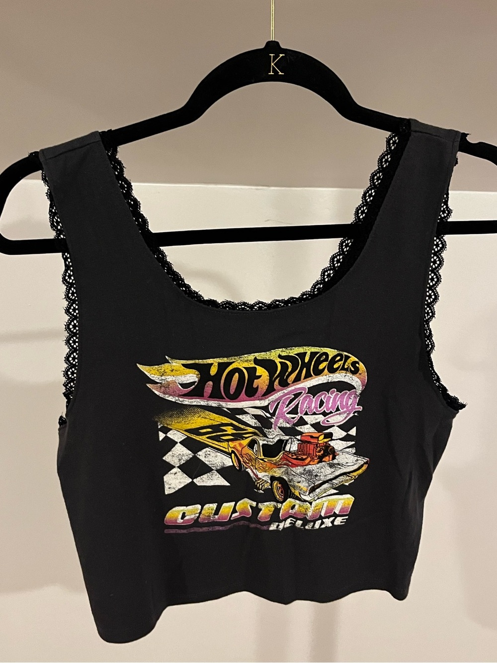 Mattel Hot Wheels Racing Graphic Black Lace-Trim Crop Tank